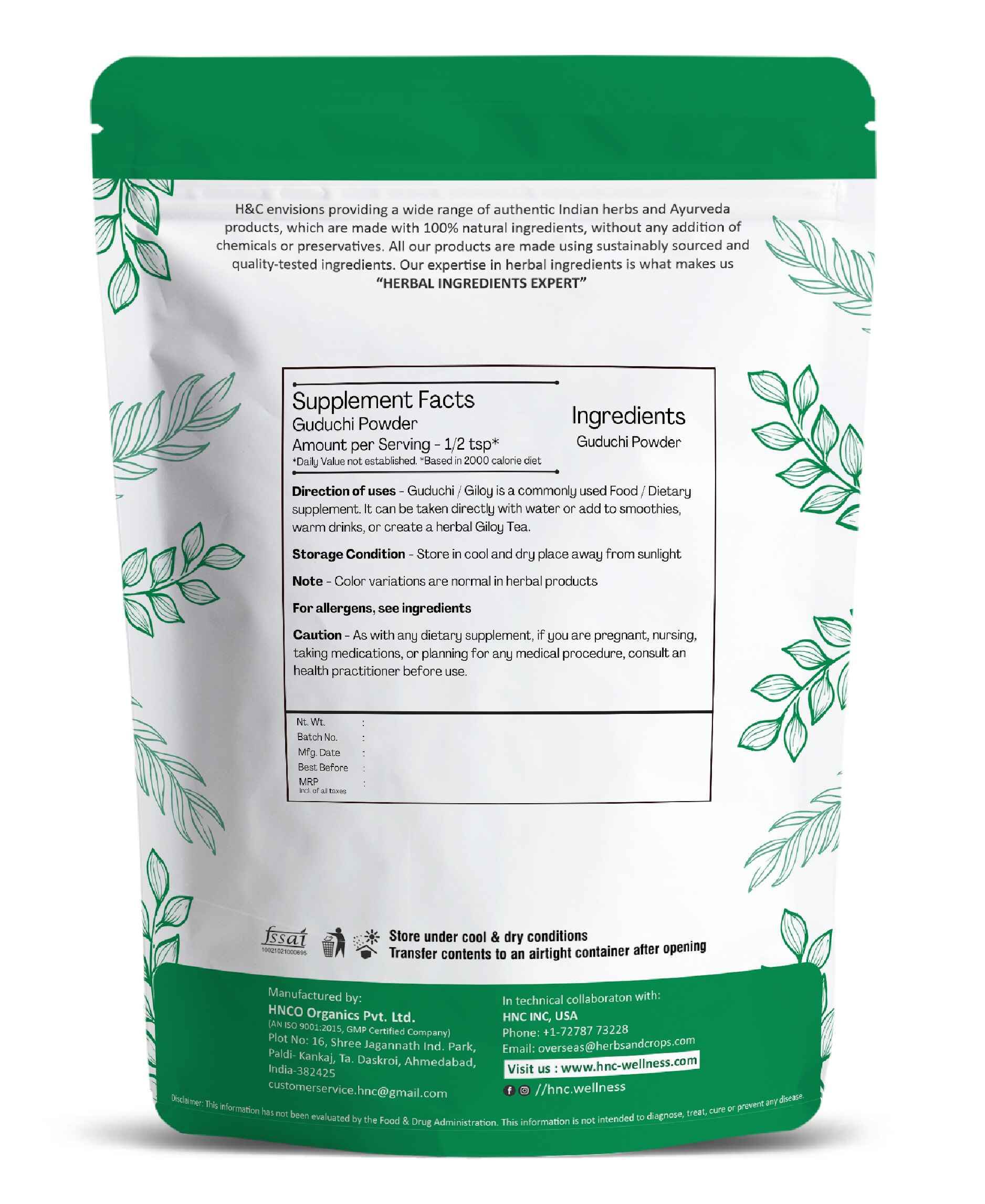 H&C Natural Guduchi Powder Tinospora Cordifolia
