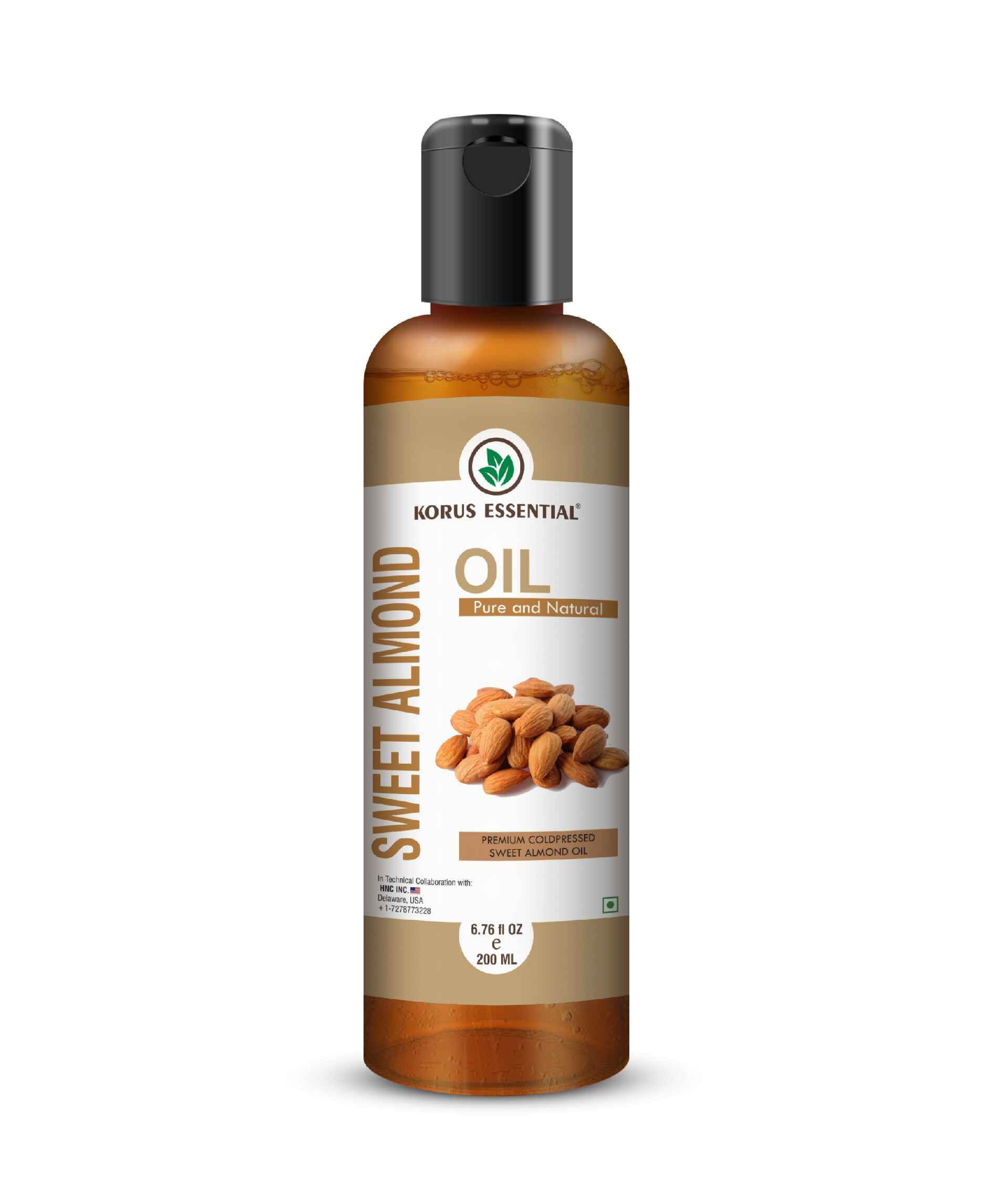 Korus Essential cold pressed sweet almond oil bottle for skin hydration