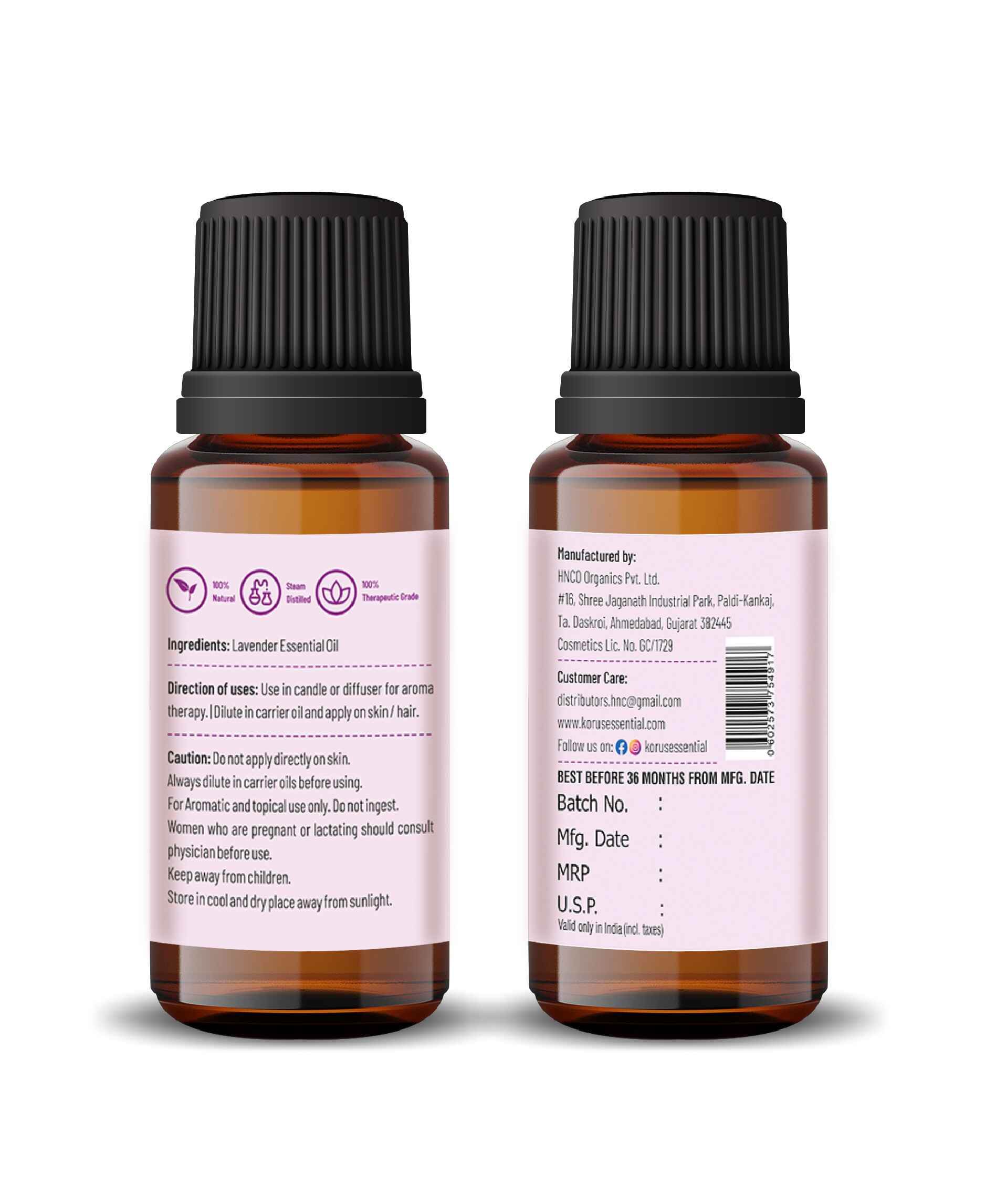 Korus Essential Lavender Oil - 15ml (Pack of 2).