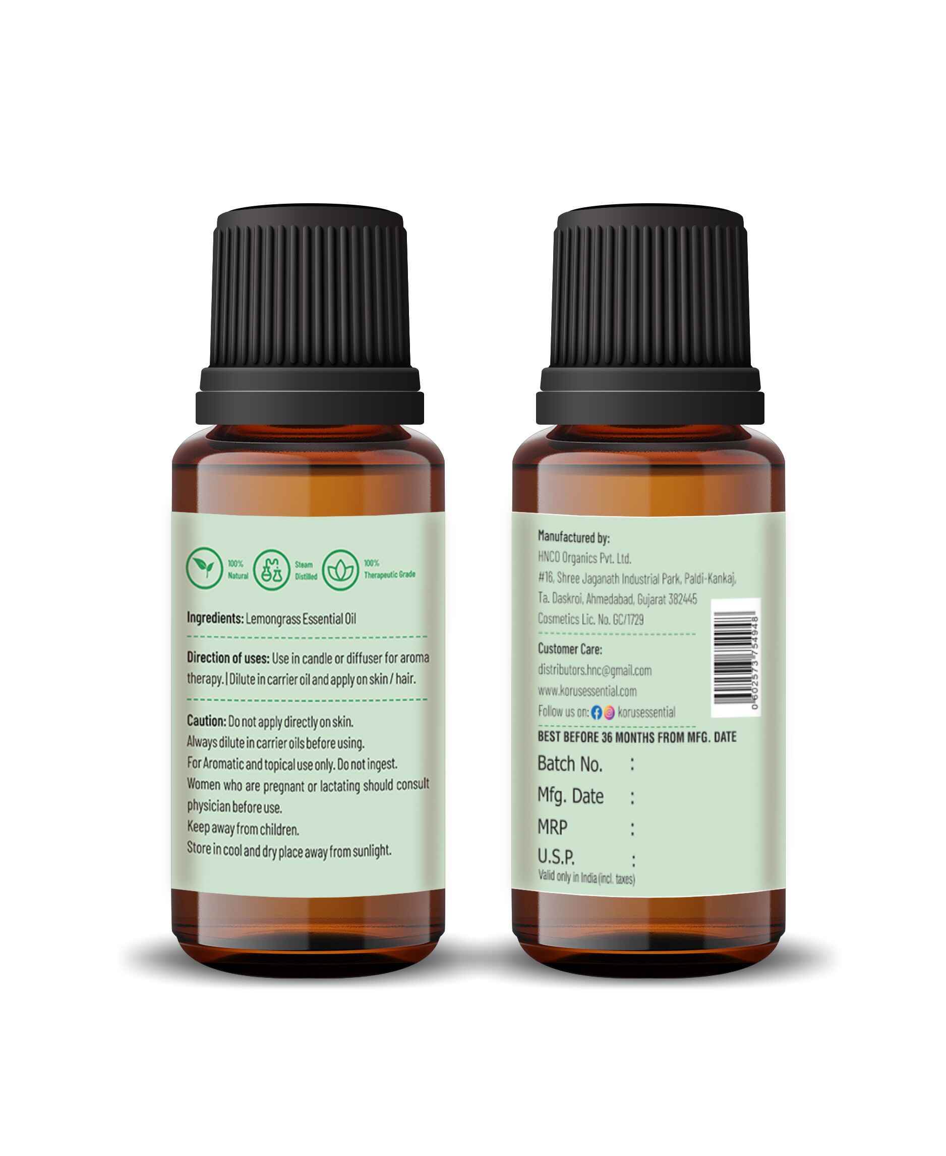 Korus Essential Lemongrass Oil - 15ml (Pack of 2).