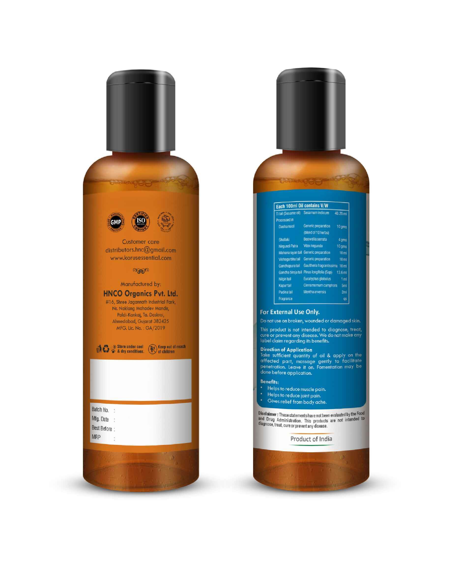 Natural herbal pain relief oil by Korus Essential for muscle and joint pain