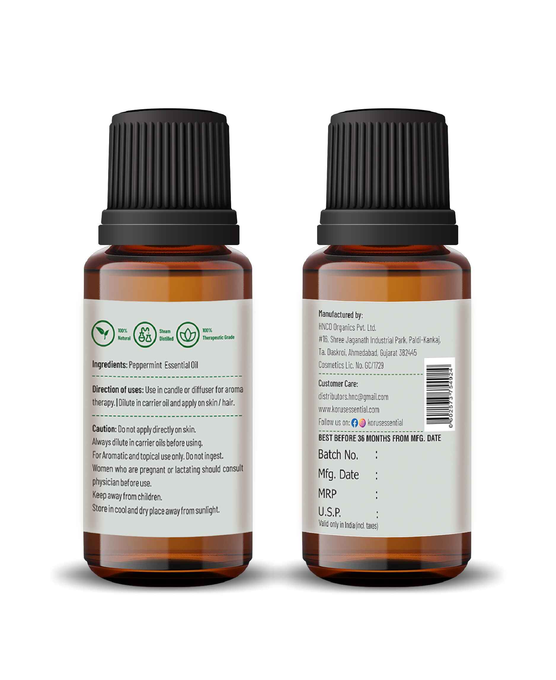 Korus Essential Peppermint Oil - 15ml (Pack of 3).