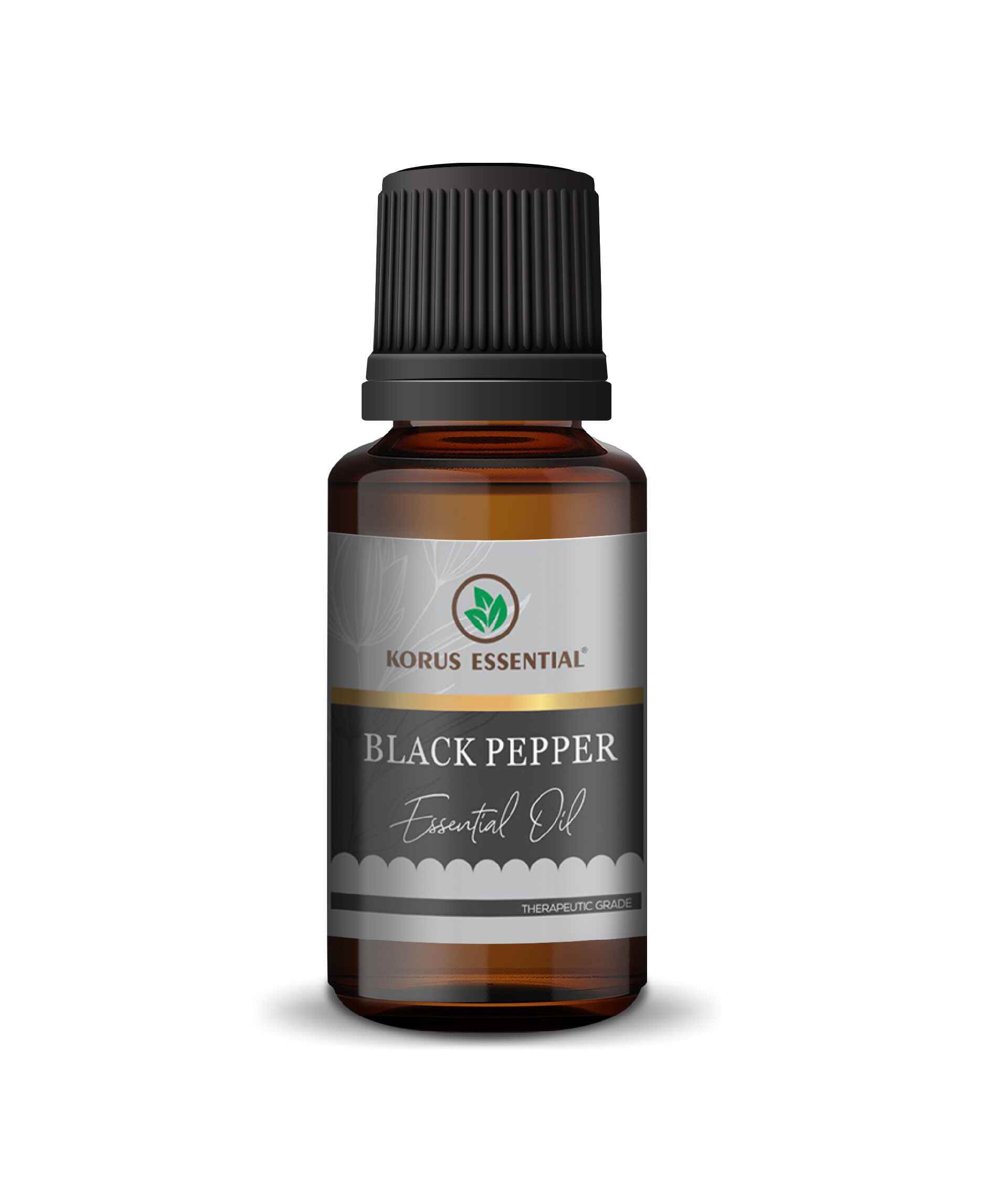 Pure Korus Essential Black Pepper Oil bottle with label