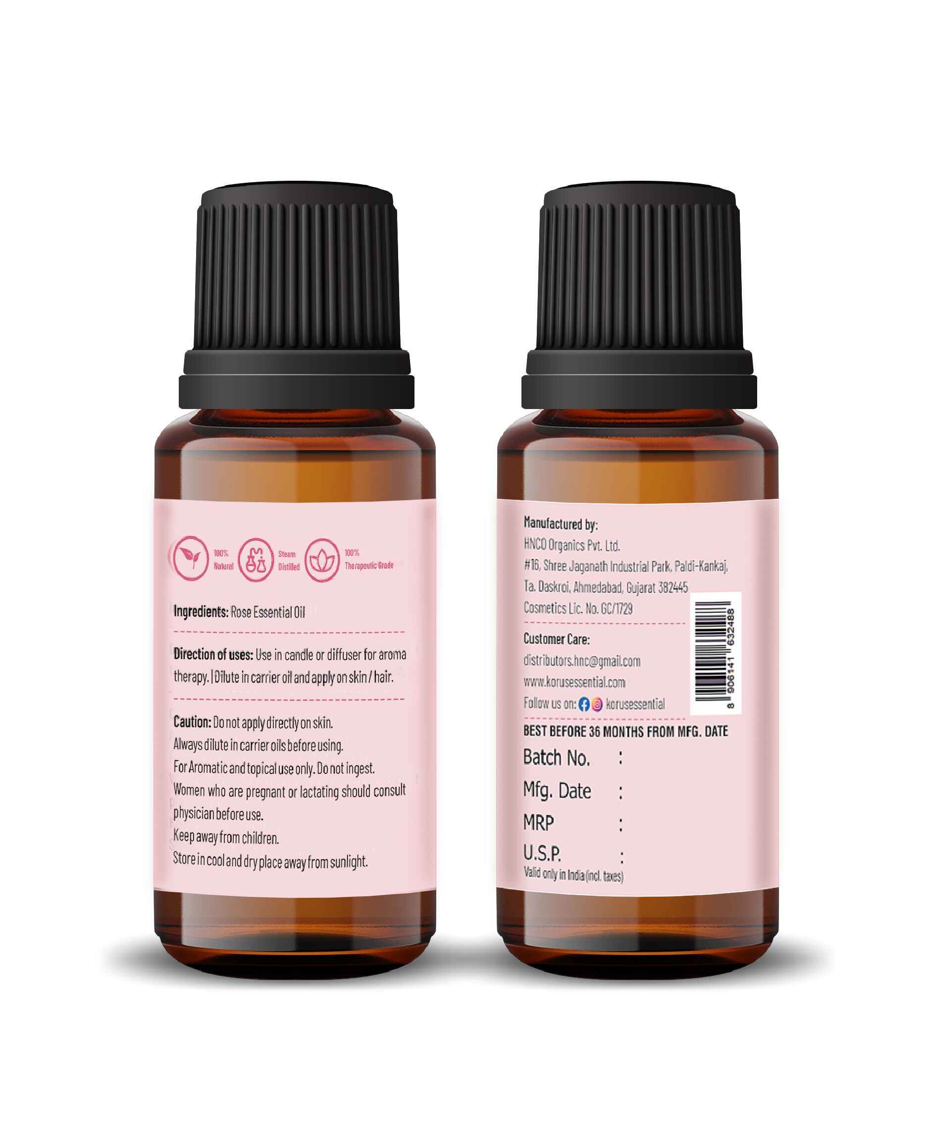 Korus Essential Rose Oil - 15ml (Pack of 2).