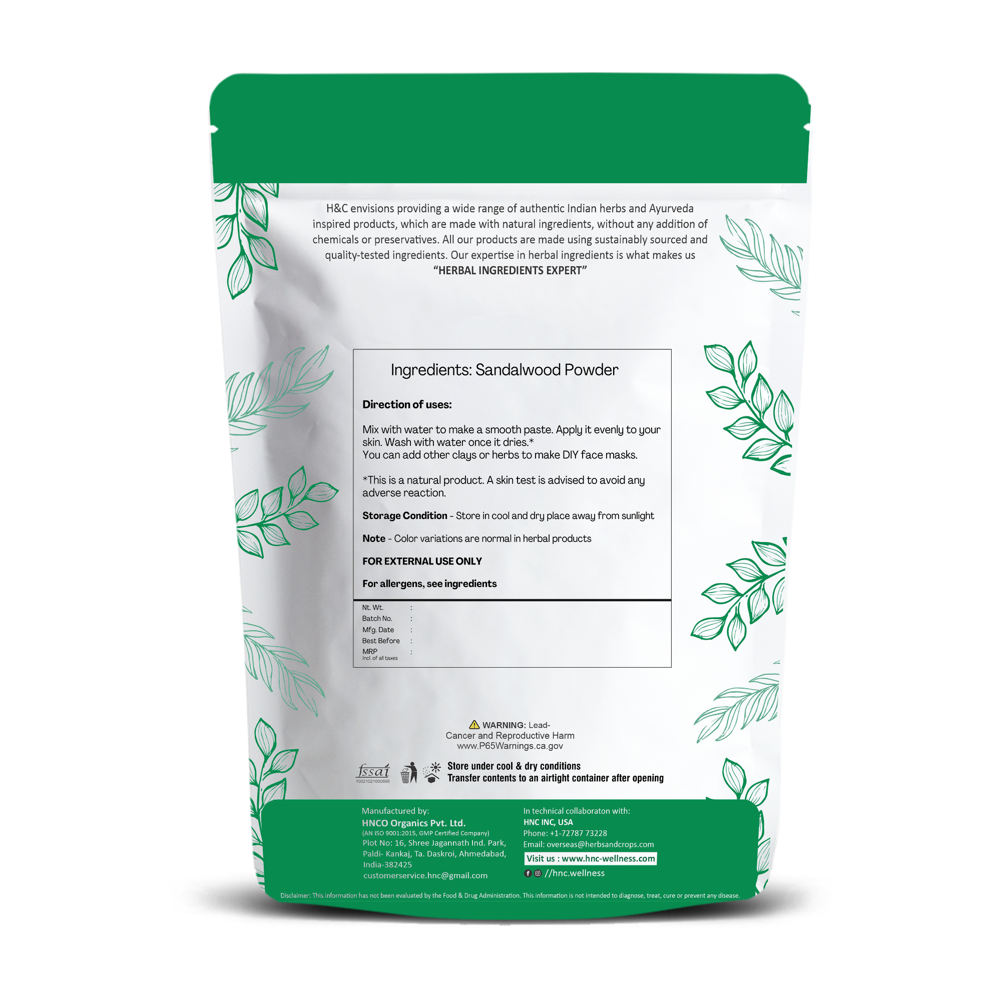 H&C Natural Sandalwood Powder 100gm - Glowing Skin & Anti-Aging