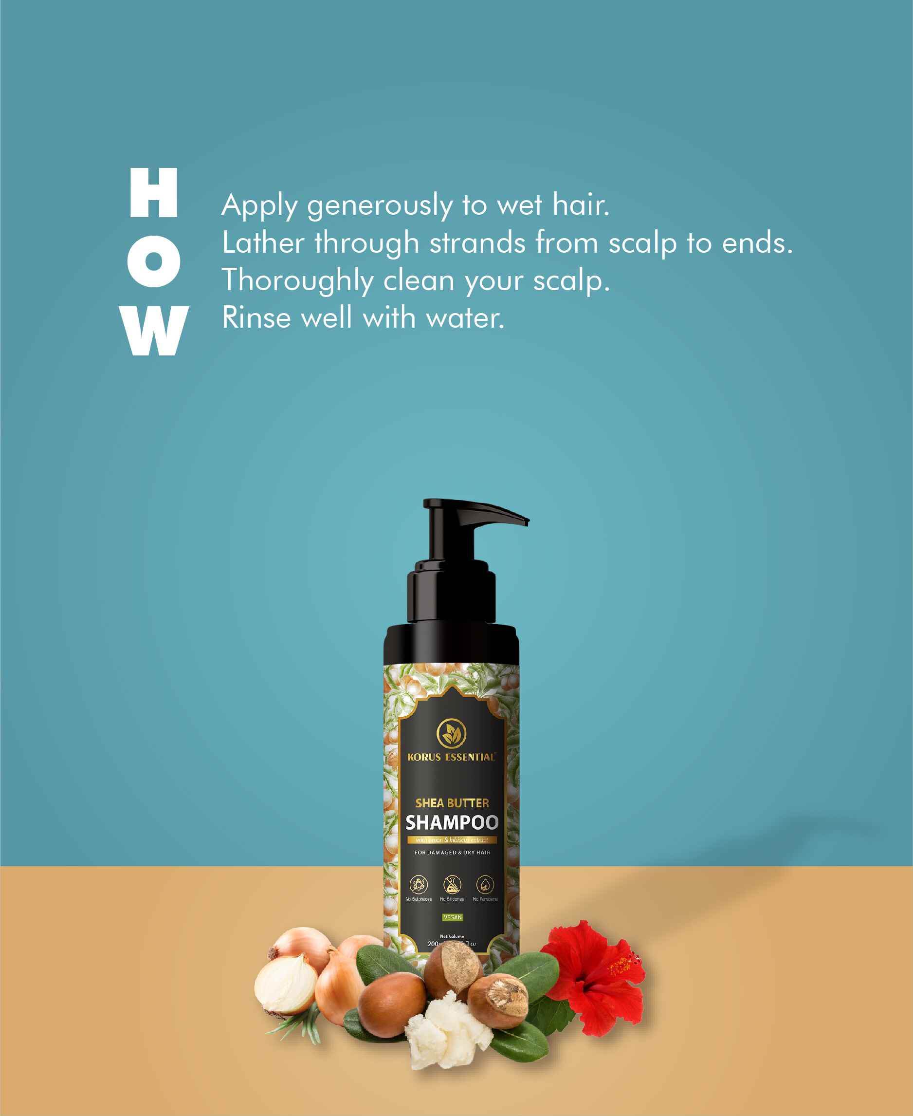 Shea Butter Shampoo with Onion & Hibiscus Extract for Damaged and Dry Hair | 200 ml | Korus Essential.