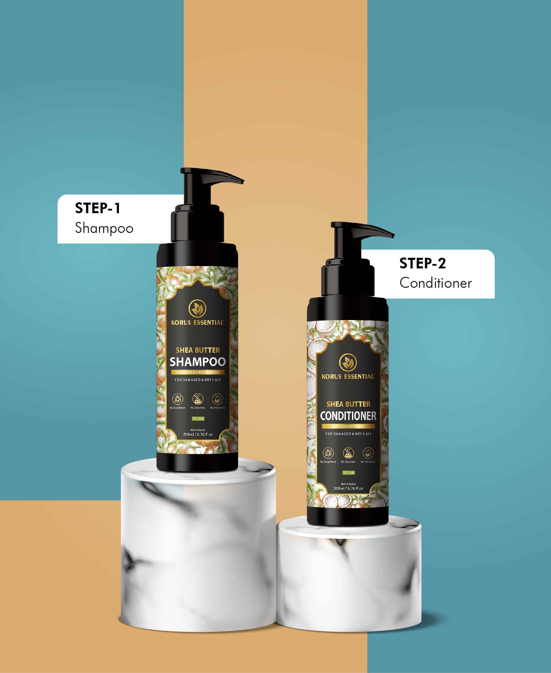 Shea Butter Shampoo with Onion & Hibiscus Extract for Damaged and Dry Hair | 200 ml | Korus Essential.