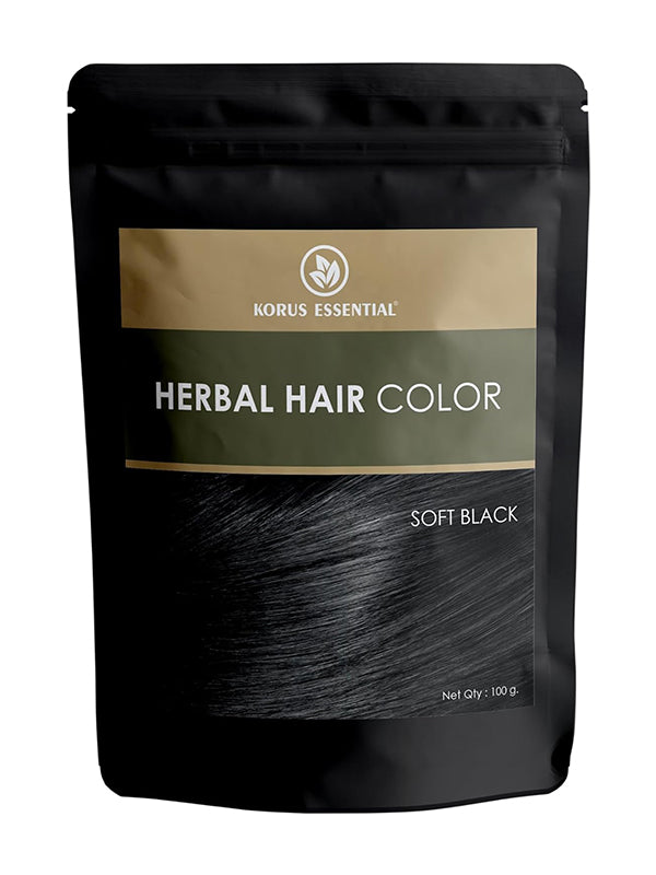 Korus Essential Herbal Hair Color (Soft Black) - 100g | with Henna, Amla, Aritha, etc.