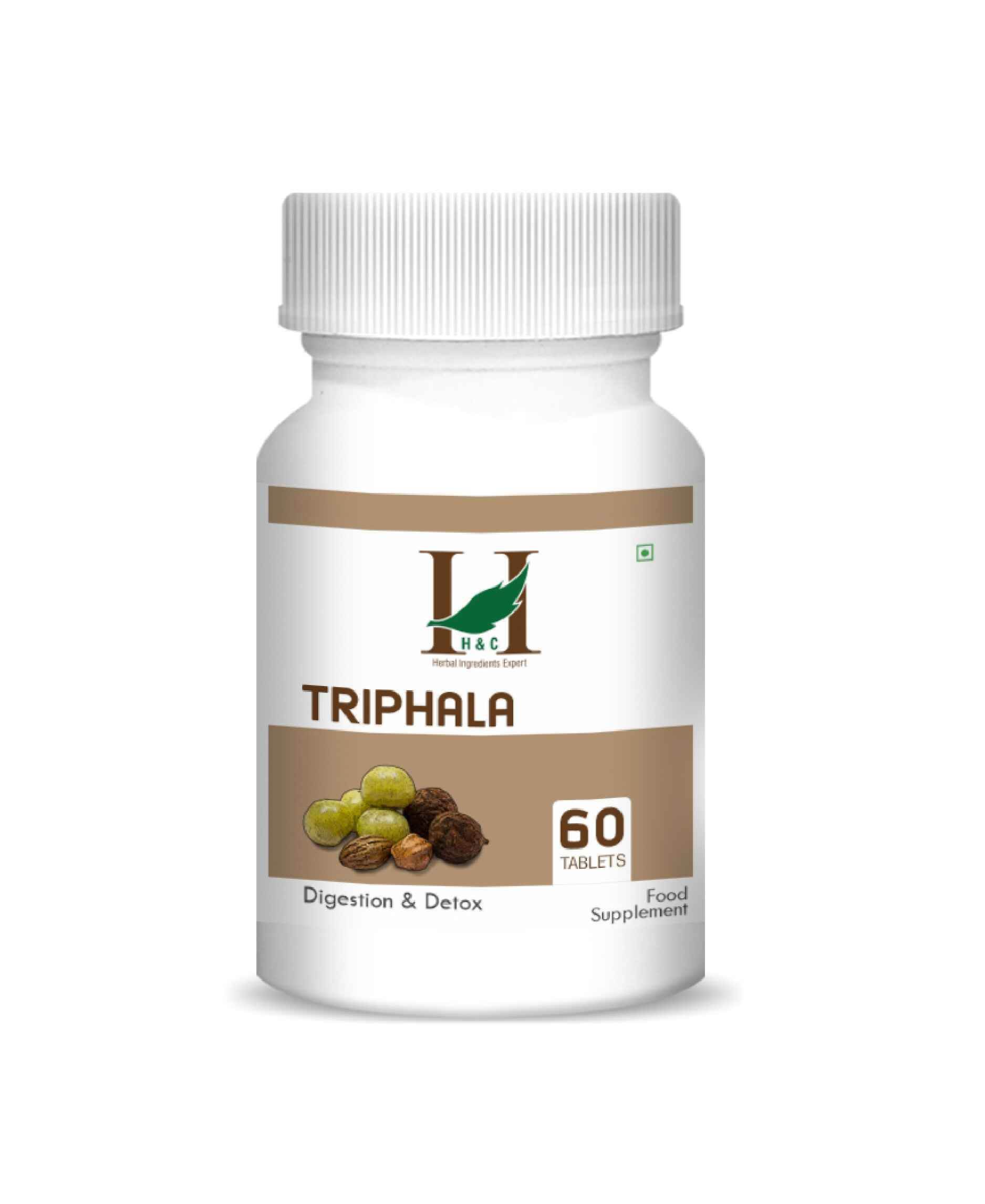 H&C Triphala Tablet pack showing Ayurvedic herbal supplement for digestion and immunity