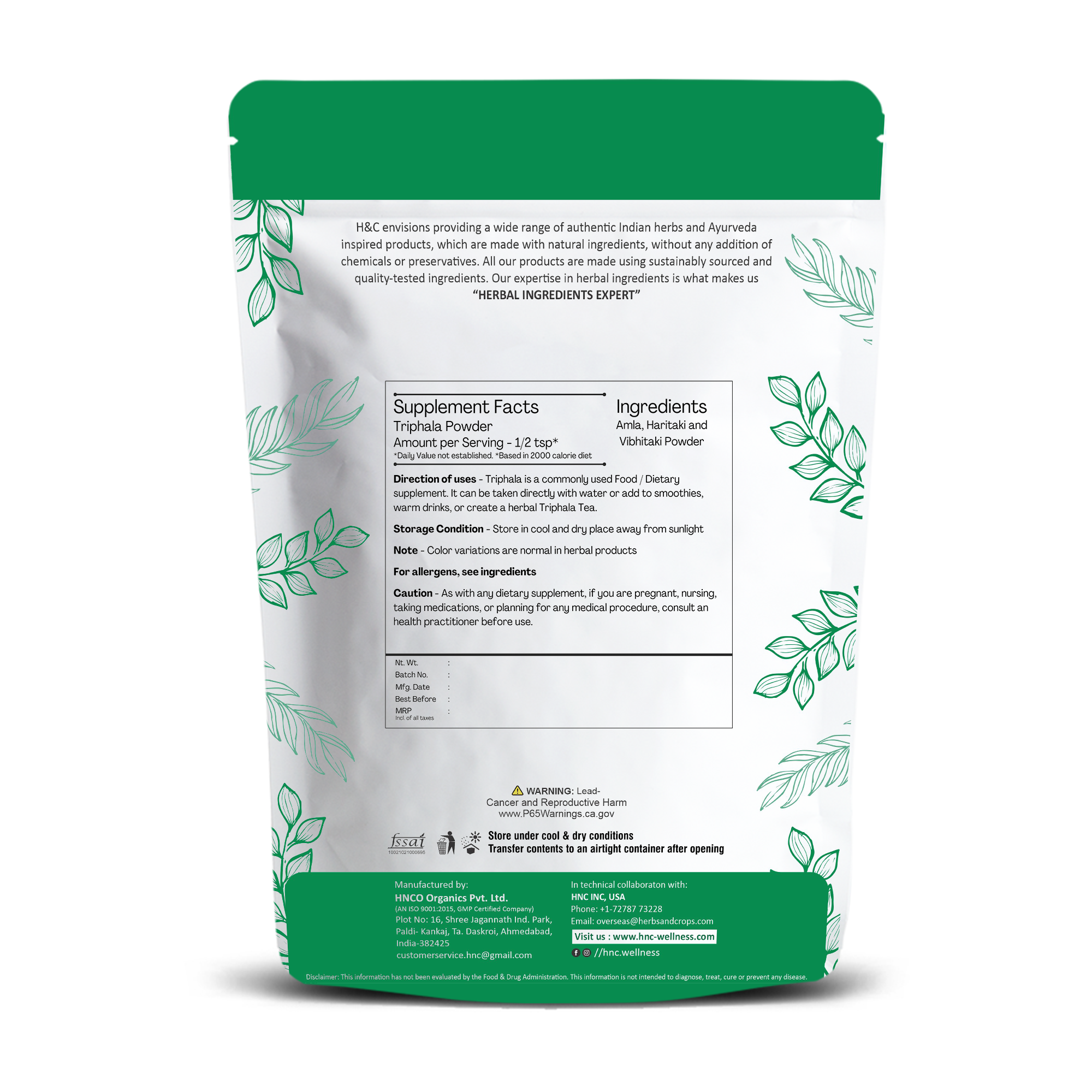 H&C Natural Triphala Powder 100gm - Digestive Health & Natural Detox