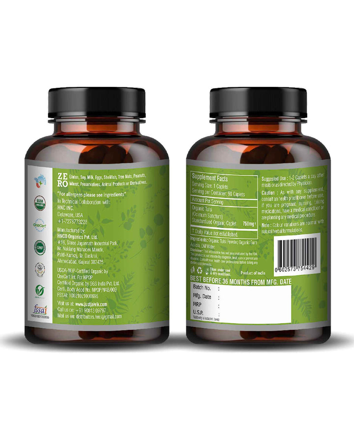 Organic Tulsi Leaves (Ocimum Sanctum/Holy Basil) Caplet - 750mg, 90 count - Health N Wellness Shop