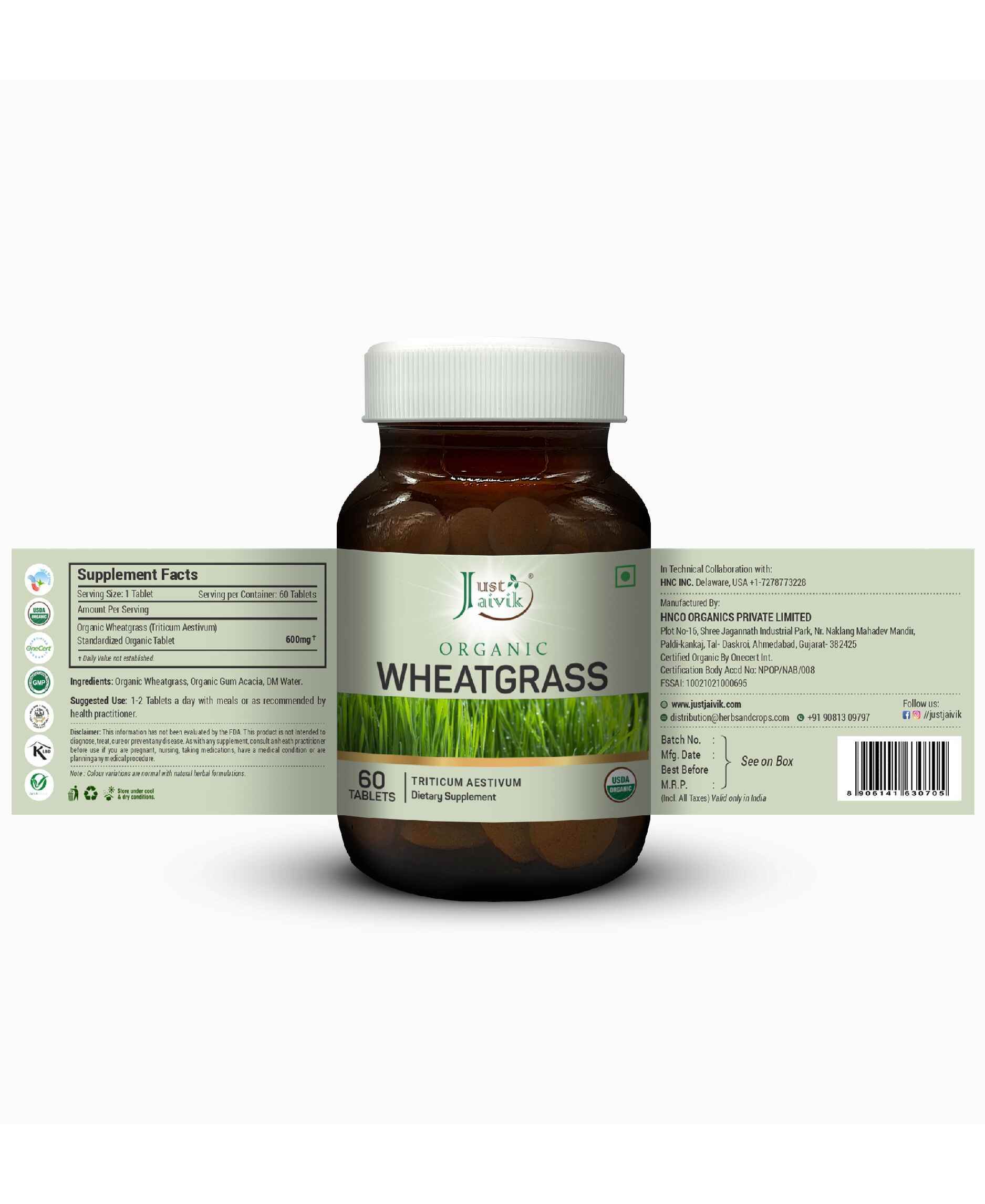 Just Jaivik Organic Wheatgrass Tablets - 600mg, 60 Tablets (Pack of 2).